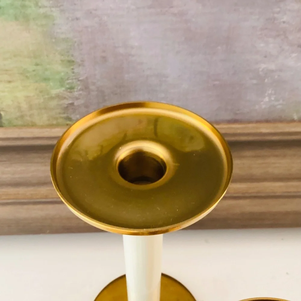 set of 3 IKEA Glittrig candlesticks gold and ivory Discontinued Tapered Pillar